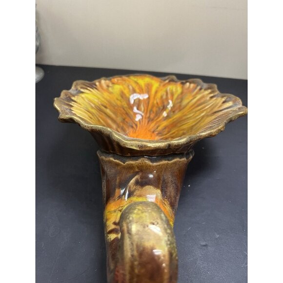 Large Vintage Vase Ceramic Horn Of Plenty Cornucopia MCM Drip Glaze Orange Brown - Picture 12 of 12